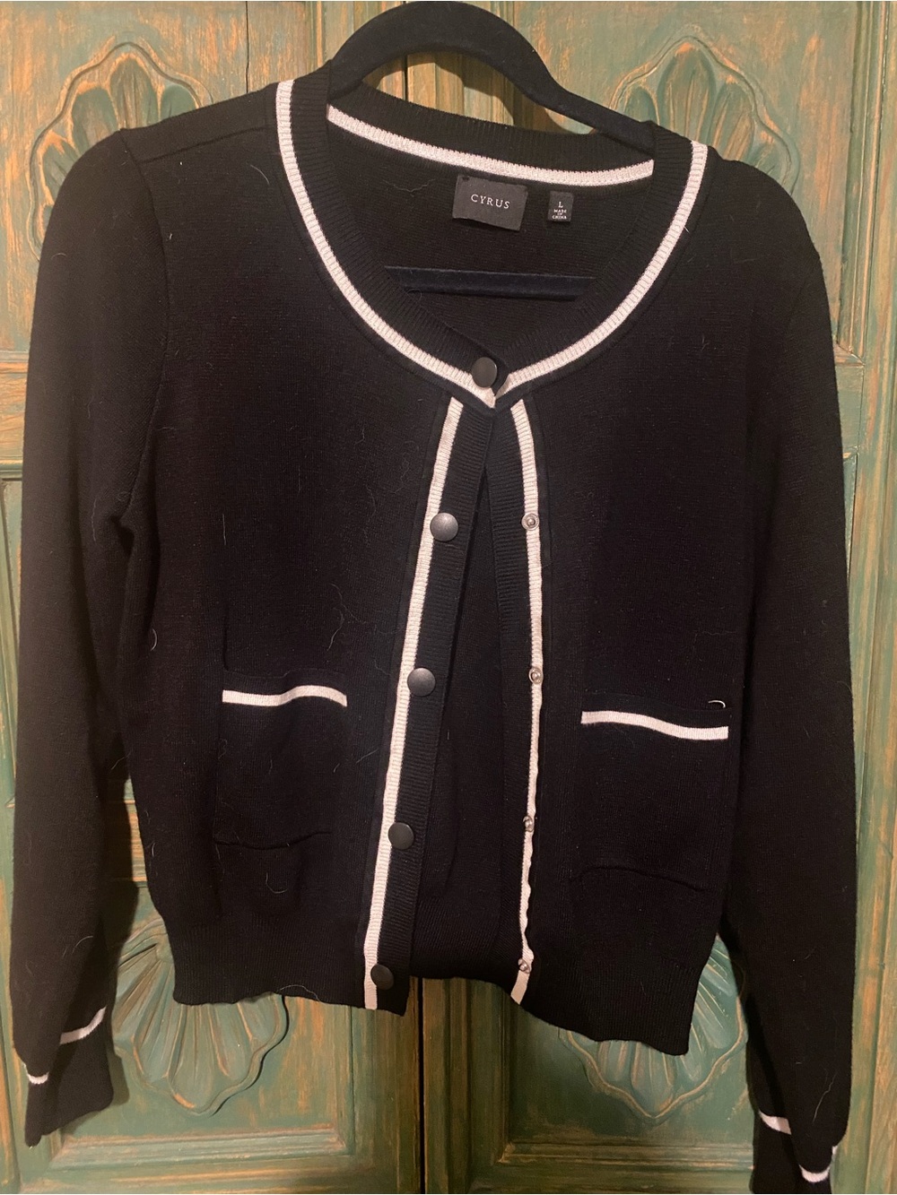 Cyrus Black Cardigan with White Contrast Trim